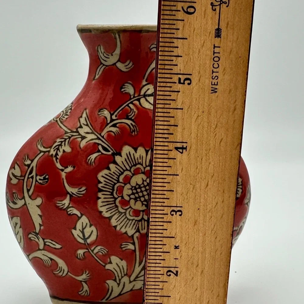 Vintage Chinoiserie Cizhou Style Red Ceramic Flat Pillow Vase Floral 5.5